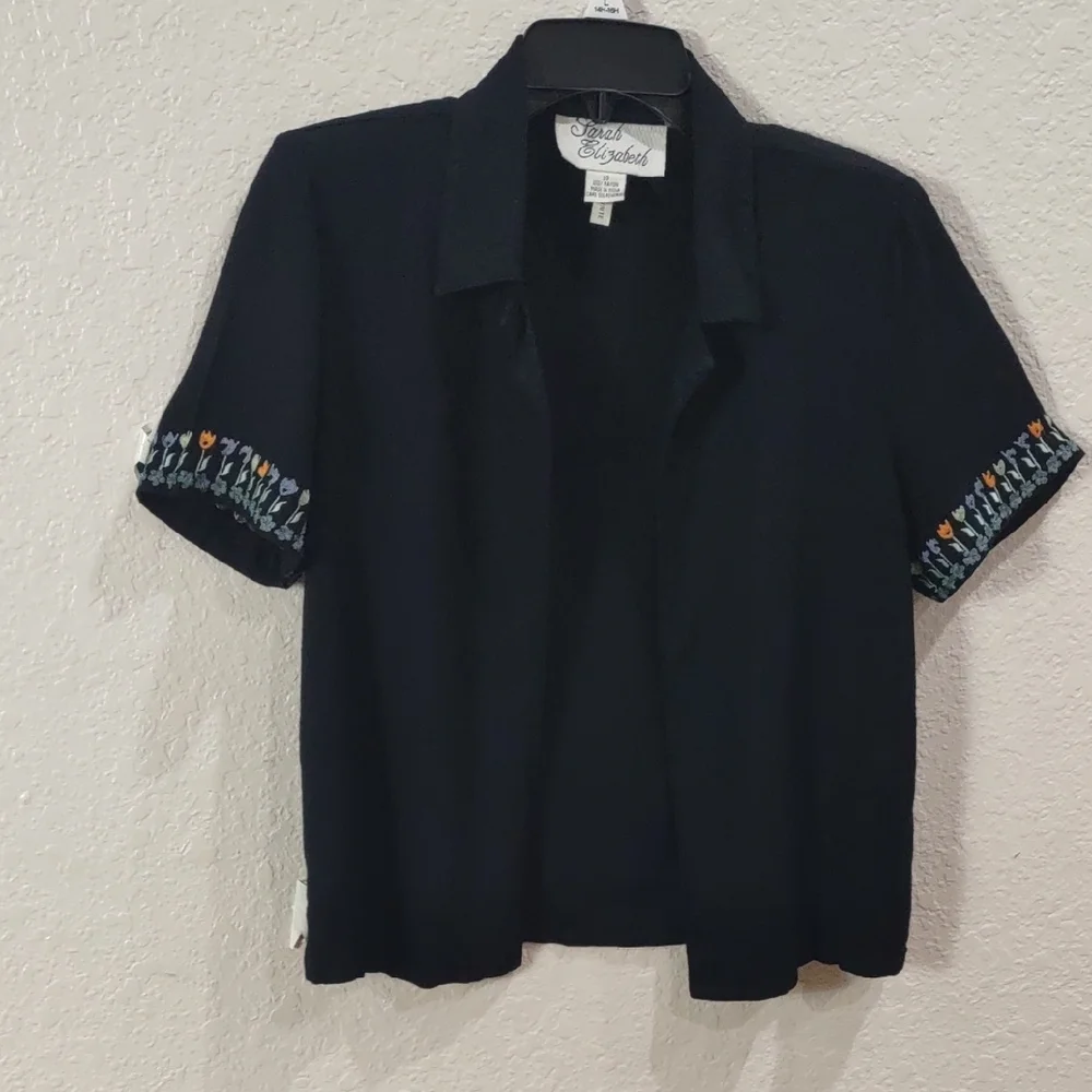 Sarah Elizabeth Black Short Sleeve Shirt with Embroidered Sleeves - Picture 7 of 17